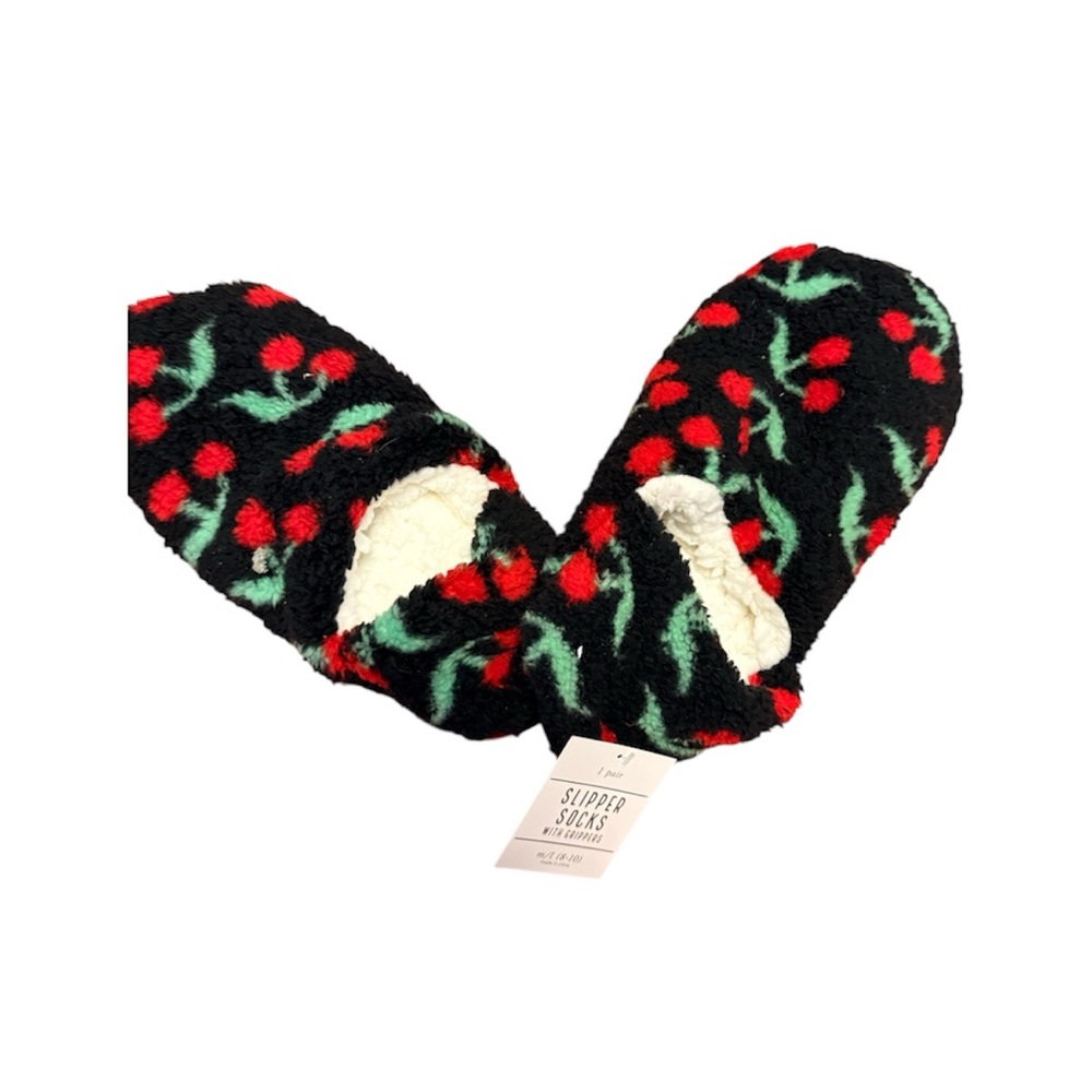 NWT Cherry Cozy Black and Red Slipper Socks